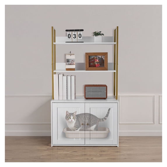 Cat Litter Box Enclosure Furniture, 27.6" Hidden Litter Box Cabinet, Metal Legs & 2-Tier Shelves, Waterproof Cat Washroom, Fits Most Litter Boxes, for Living Room