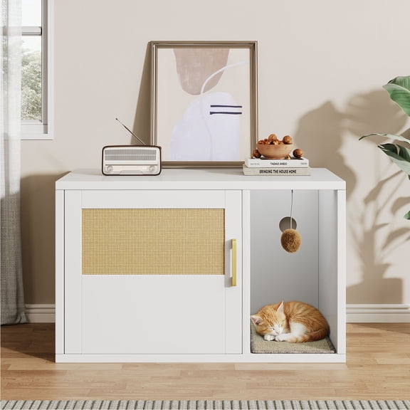 Cat Litter Box Enclosure Furniture Cabinet 31.5''L x 19.6W x 19.6''H,Multifunctional White Modern Cat House Washroom End Table for Bedroom Living Room