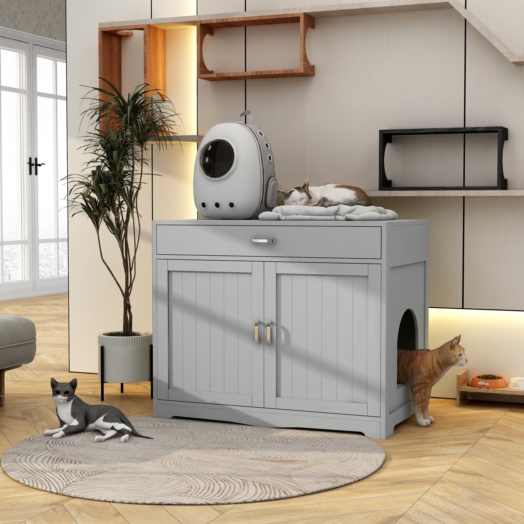 Cat Litter Box Enclosure Furniture, Cat Litter Box Cabinet with Hidden Plugs, Drawer and 2 Doors, Cat Washroom Hidden Litter Box as Table Nightstand for Living Room, Bedroom, White