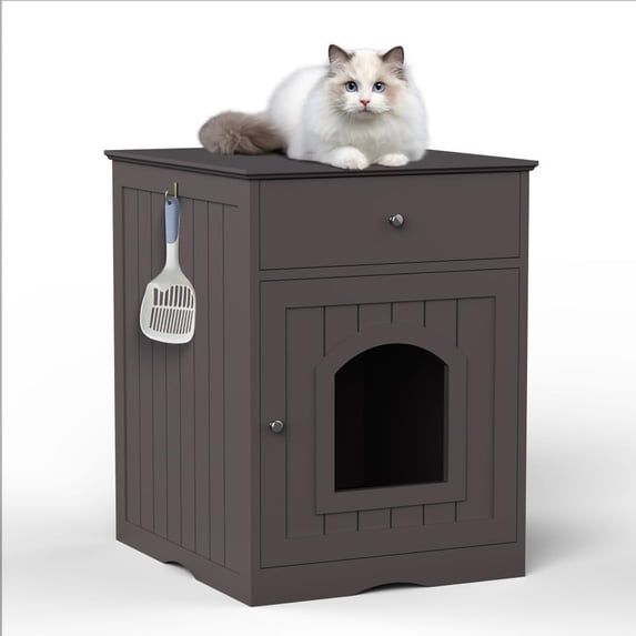 Cat Litter Box Enclosure Furniture with Drawer, Wooden Hidden Litter Cabinet for Indoor Pet, Side Table Nightstand for Living Room, 18.9" W x 20.9" D, Solid Wood