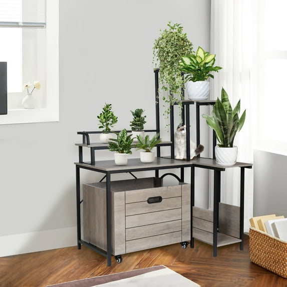 Cat Litter Box Enclosure Furniture with Flower Stand, Corner Wooden Cat Washroom, Pullable Carring Tray, Plant Stand Hidden Litter Box Enclosure Furniture with Catch Litter, Cat House