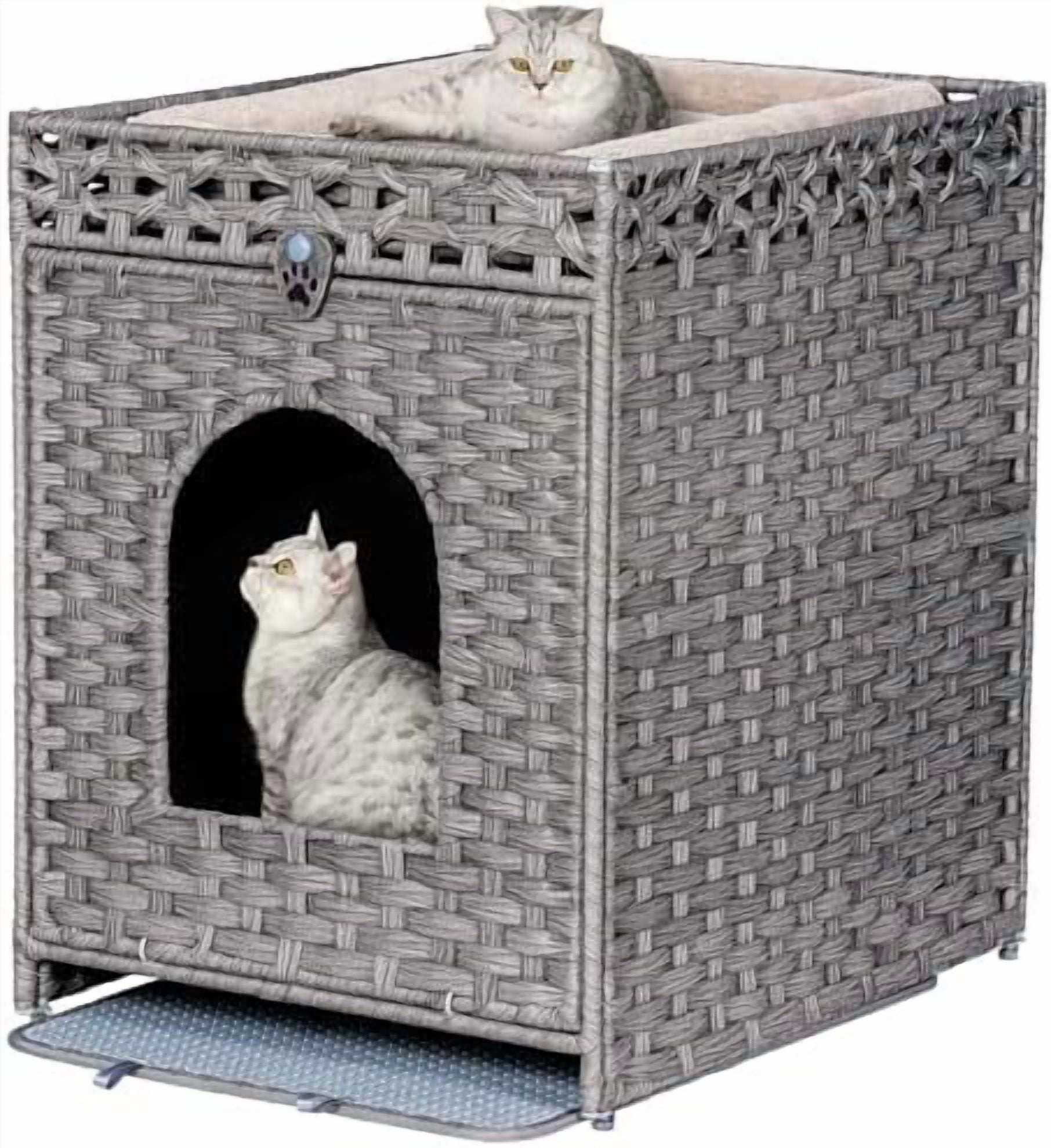 Handwoven Rattan Cat House with Three-Sided Fenced Top (Gray) for Cat...