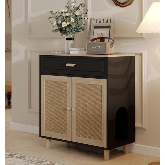 Faceket Ventilated Wooden Cat Litter Box Furniture with Scratching Board Doors and Drawer, Black