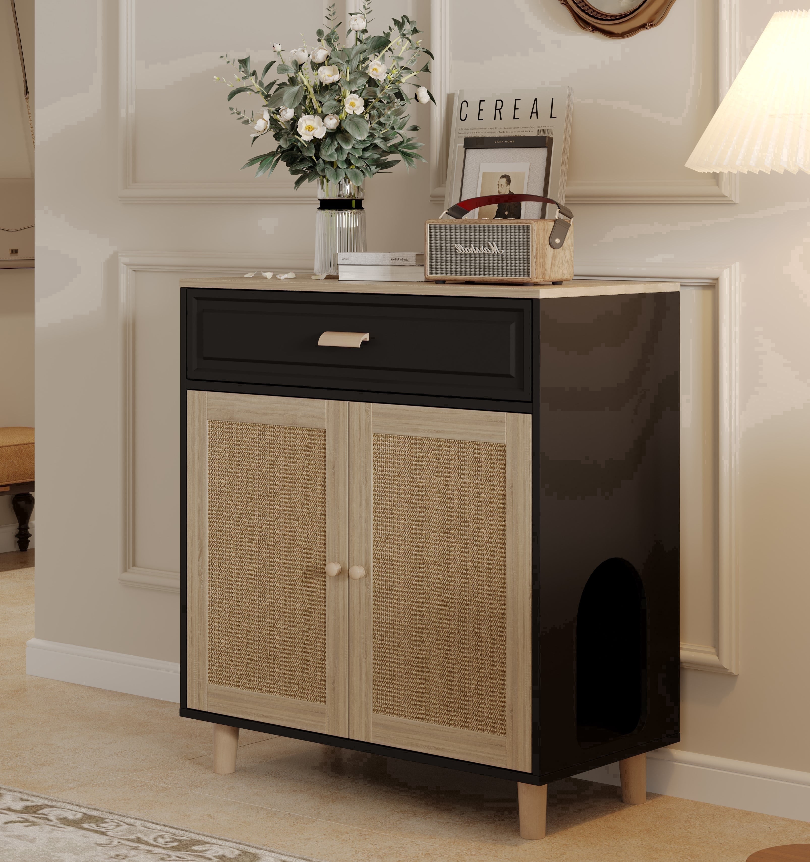 Faceket Wooden Ventilated Cat Litter Box Furniture with Scratching Board Doors and Drawer, Black