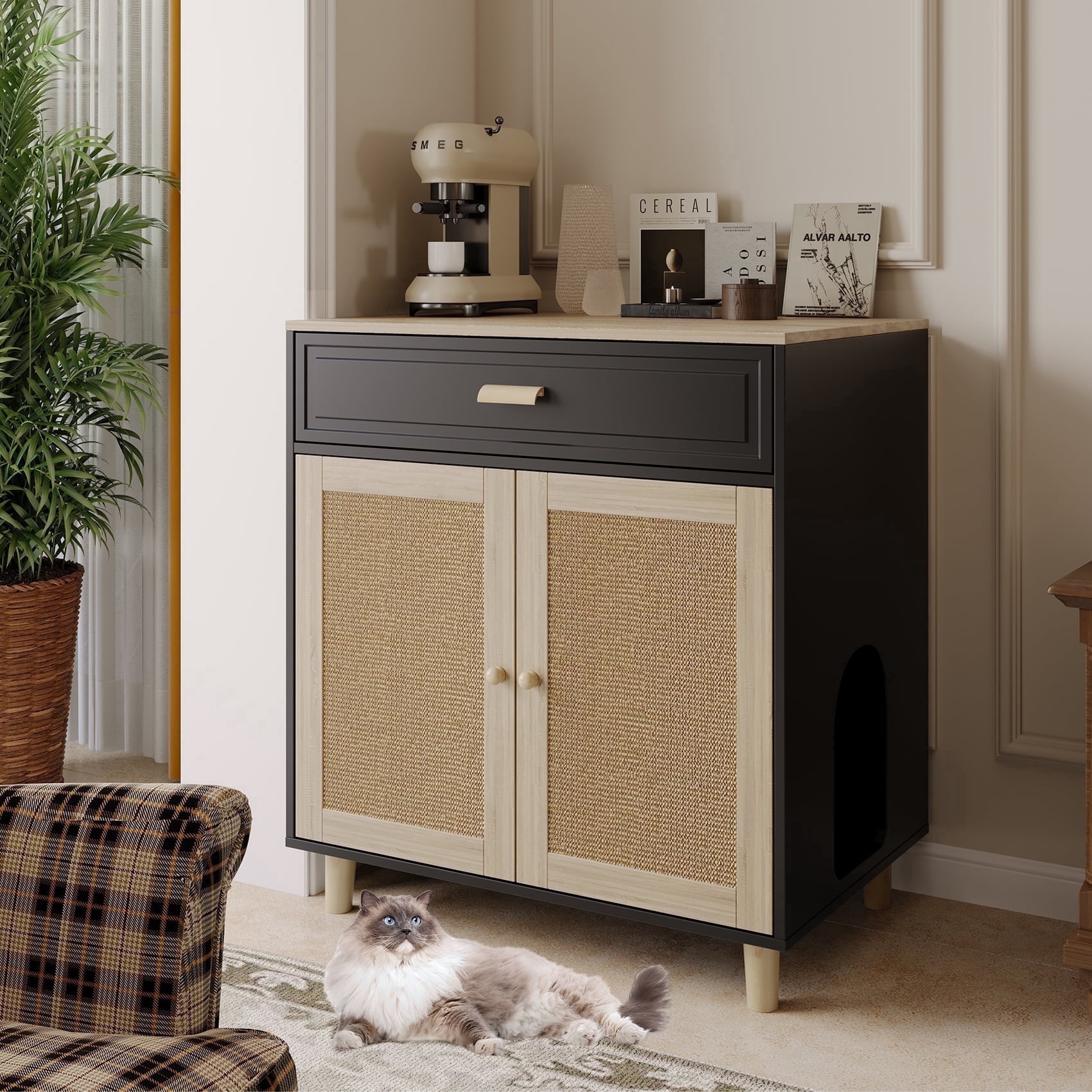 Faceket Large Hidden Indoor 2-in-1 Cat House and Washroom Cabinet Wooden Cat Litter Box Furniture with Scratching Board Doors and Drawer, Black