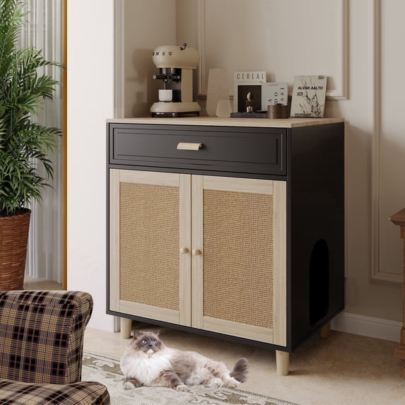Faceket Large Hidden Indoor 2-in-1 Cat House and Washroom Cabinet Wooden Cat Litter Box Furniture with Scratching Board Doors and Drawer, Black