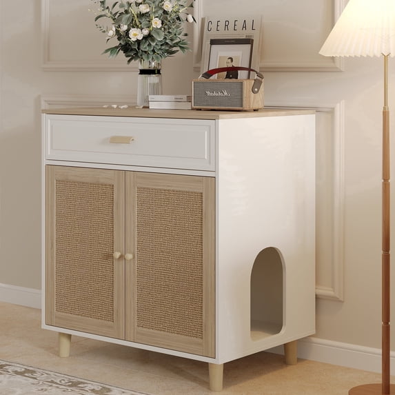 Faceket Large Hidden 2-in-1 Wooden Cat Litter Box Furniture with Scratching Board Doors and Drawer, White