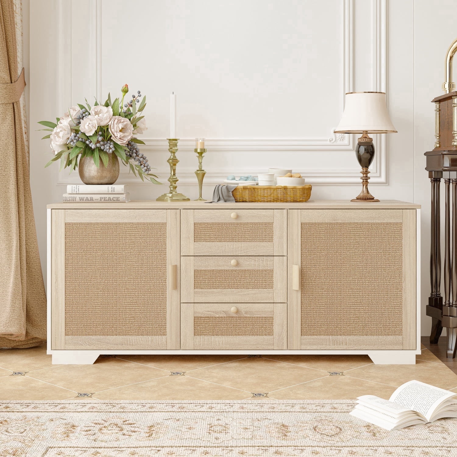 Faceket Cat Litter Box Enclosure Furniture, 55.2" L x 24.2" W x 20.2" H, Hidden Indoor 2-in-1 Wooden Cabinet with Scratching Board Doors & 3 Drawers, for 2 Cats, White