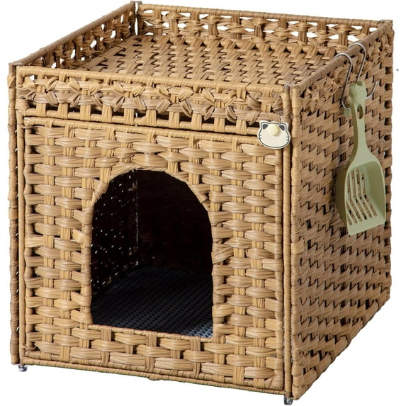 Cat Litter Box Enclosure Furniture, Hidden Litter Box with Mat and Fence, Handwoven Rattan Cat House with Two S-Shaped Hooks for Living Room, Bedroom, 18.5 x 20.5 x 19.1 Inches (Natural)