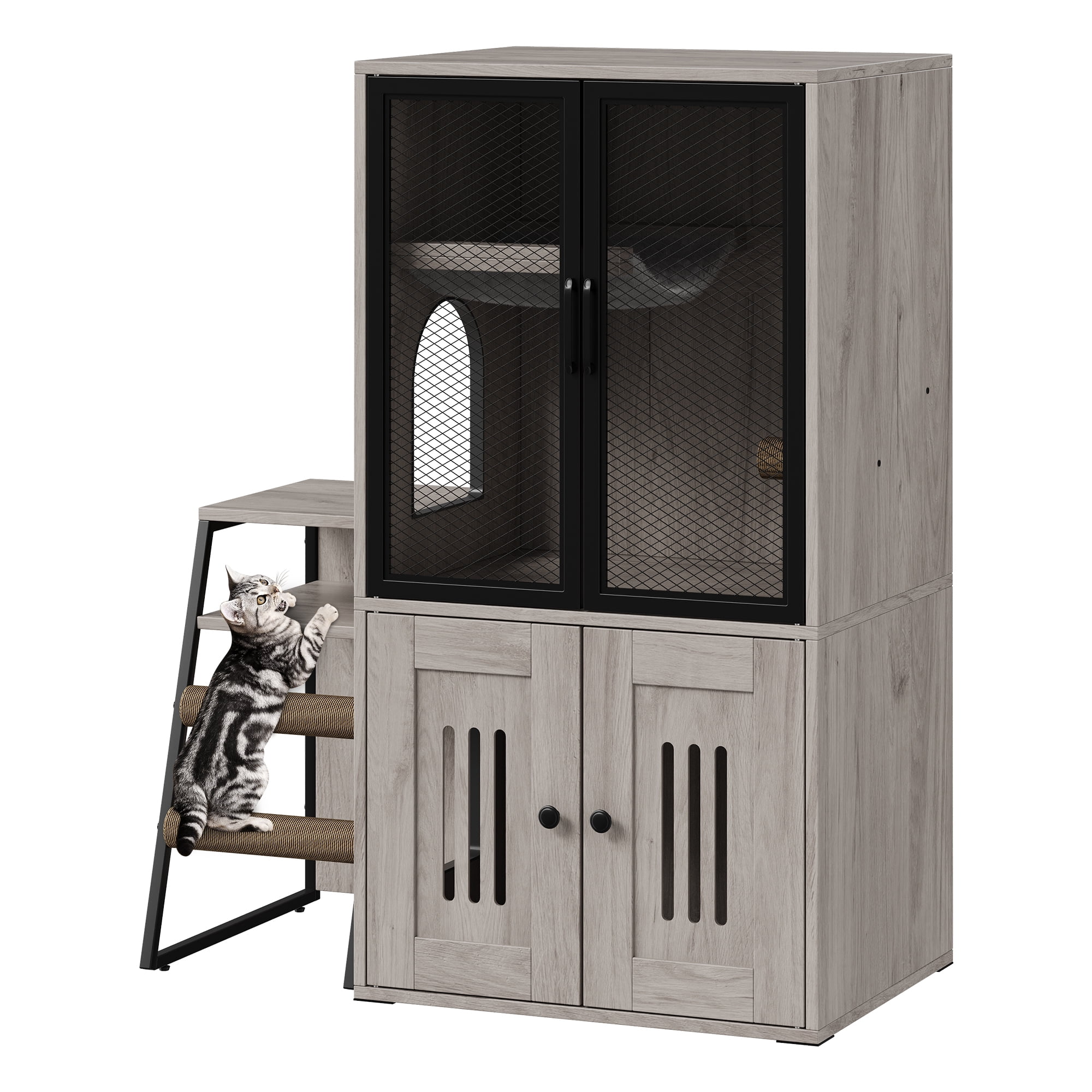 Cat Litter Box Enclosure Furniture,Hidden Litter Box Furniture with Shelf&Ladder,Double Litter Box Cabinet for Large Cats,Easy to Clean