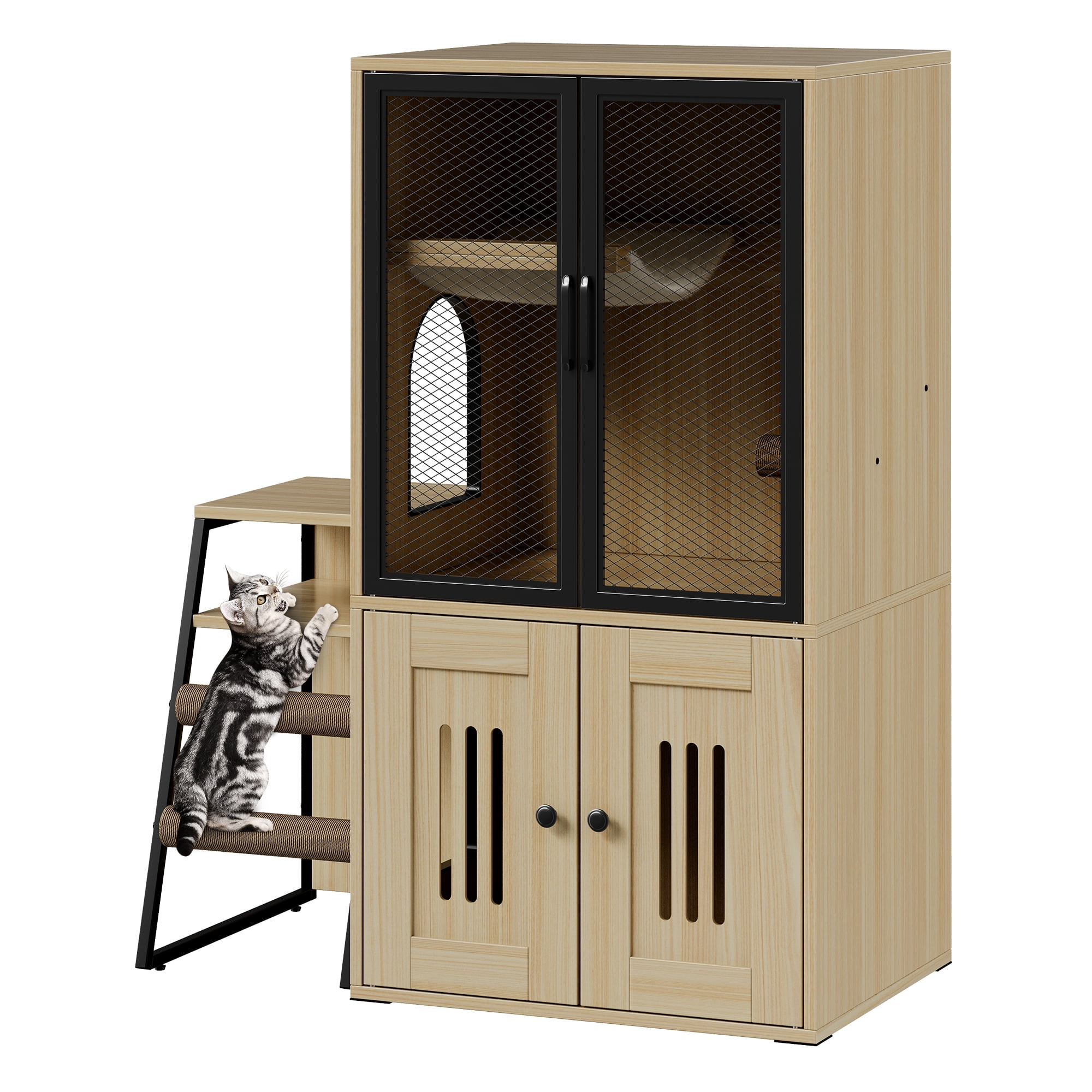 Cat Litter Box Enclosure Furniture,Hidden Litter Box Furniture with Shelf&Ladder,Double Litter Box Cabinet for Large Cats,Easy to Clean