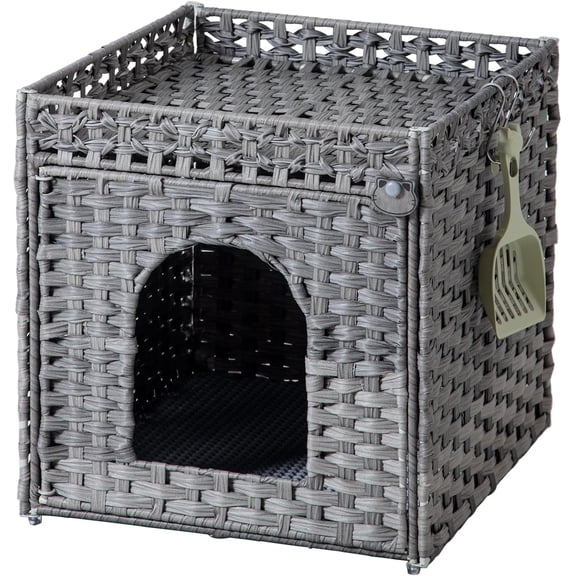 Cat Litter Box Enclosure Furniture, Hidden Litter Box with Mat and Fence, Handwoven Rattan Cat House with Two S-Shaped Hooks for Living Room, Bedroom, 18.5 x 20.5 x 19.1 Inches (Natural)