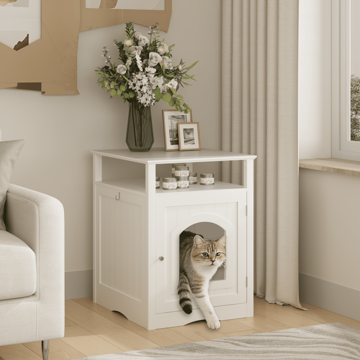 Cat Litter Box Enclosure Furniture, Indoor Wooden Cat House with Enclosed Cabinet, Hidden Litter Box Furniture with Storage Shelf, Modern Cat Condo Side Table for Living Room or Bedroom