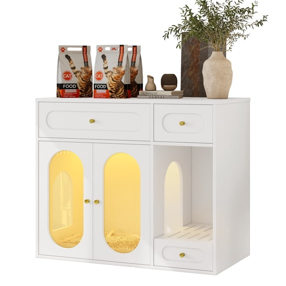 Cat Litter Box Enclosure Furniture with LED Light, Hidden Litter Box Cabinet End Table with Storage Drawers, Side Collection Drawer, Acrylic Doors, Fits Most Litter Boxes, White