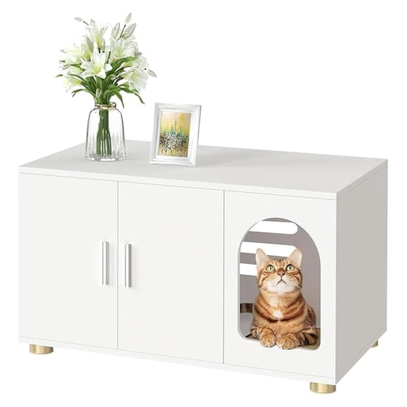 Cat Litter Box Enclosure Furniture, Modern Stackable Litter Box Cabinet with Cat Scratch Mat, Side Table (White)