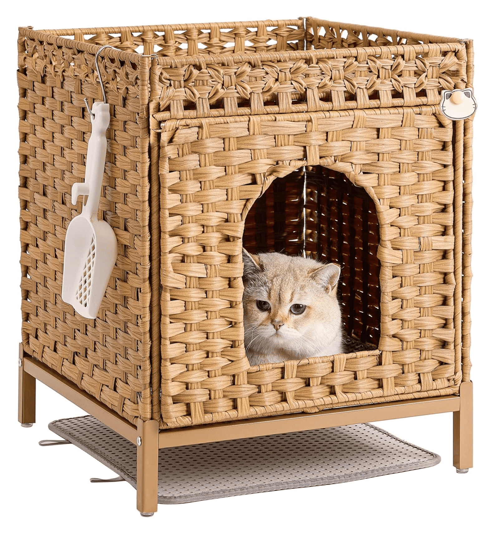 Cat Litter Box Enclosure Furniture, Rattan Cat House with Metal Feet ...