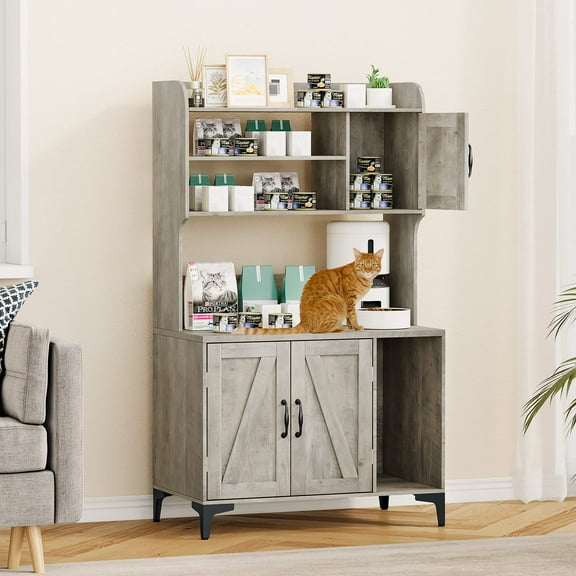 Cat Litter Box Enclosure Furniture, Solid Wood Construction with Multiple Storage Shelves & Cabinet Doors, Hidden PetDesign, Includes Scratch Pad, Modern Farmhouse Style for Living Room Bedroom