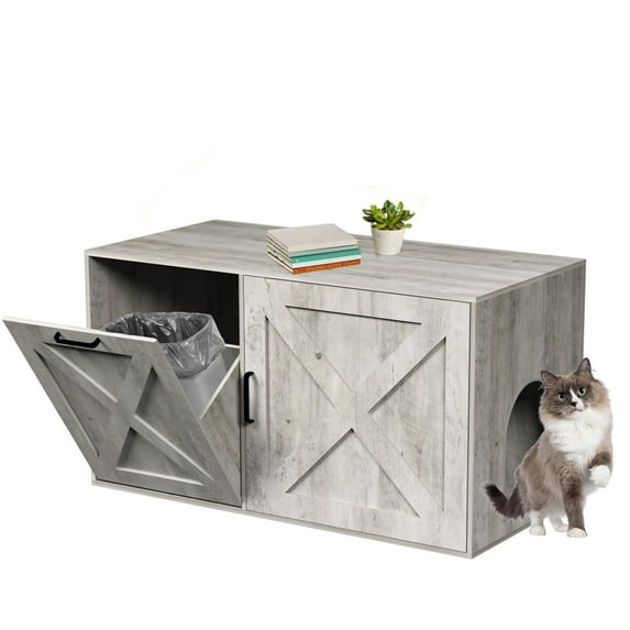 KYATE Cat Litter Box Enclosure Furniture with Storage Compartment, Hidden Litter Box Cabinet with Dedicated Space for Trash Can for Living Room, Bedroom, 35.4 x 19.4 x 17.7 inches,Taupe