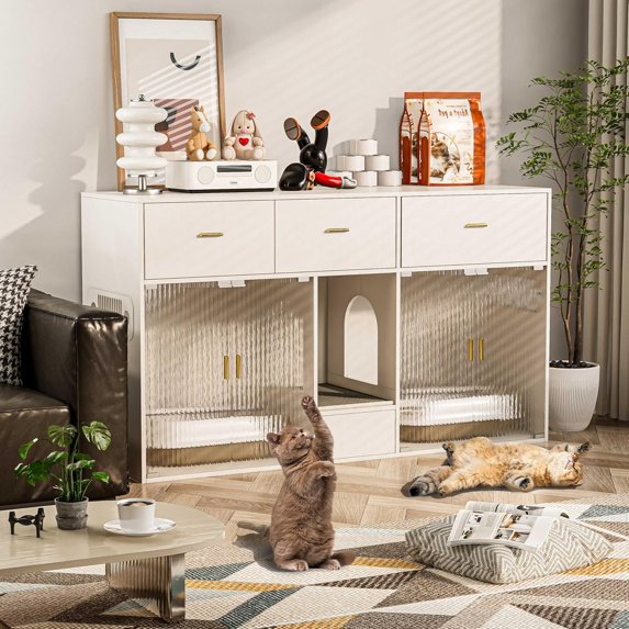Cat Litter Box Enclosure Furniture Style, White Hidden Cat Cabinet with Storage and Pet House, Fit Most of Litter Box