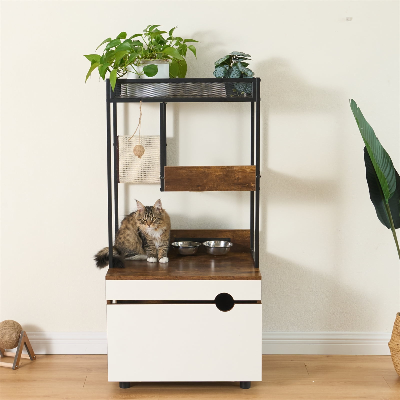 Cat Litter Box Enclosure Furniture with Cat Tree Tower, Kitty Litter