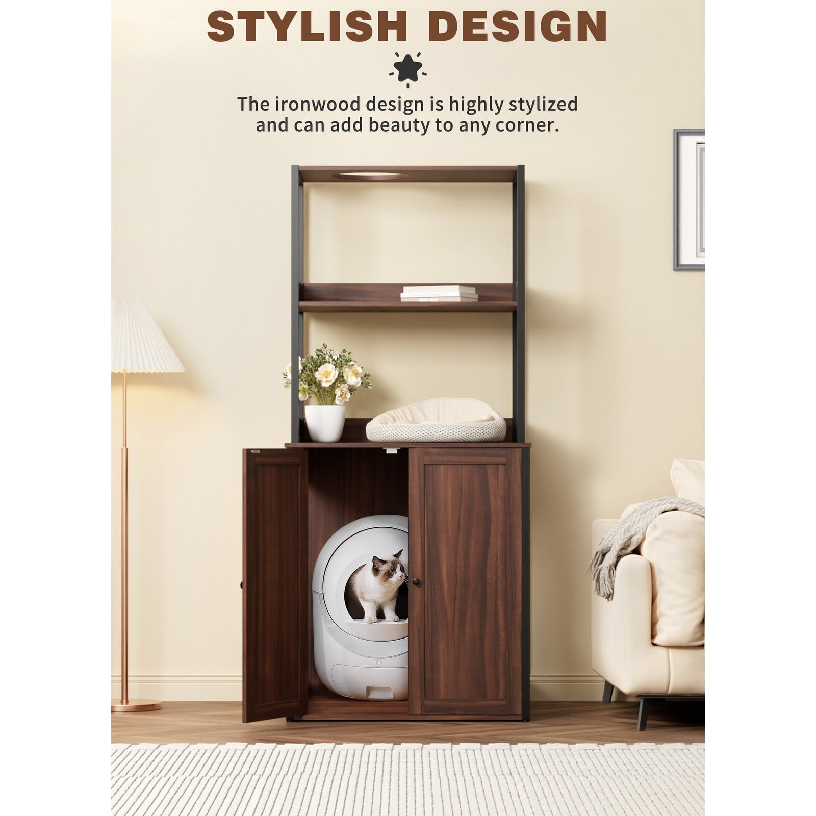 Brown Metal Frame Cat Litter Box Enclosure with Shelves