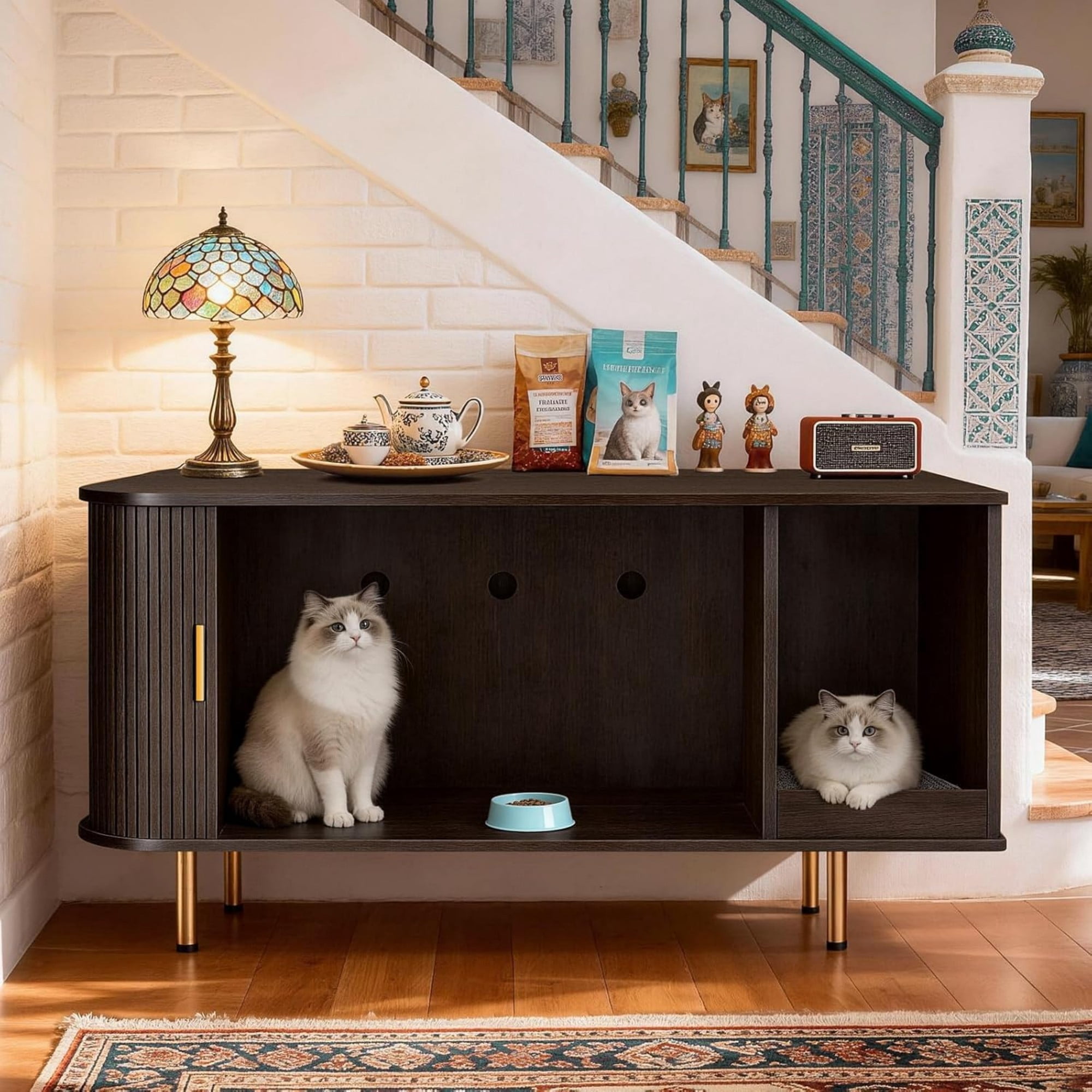 Cat Litter Box Enclosure Furniture with Sliding Door, Hidden Cat House Cabinet with Scratch Pad, Modern TV Stand Side Table, Coffee