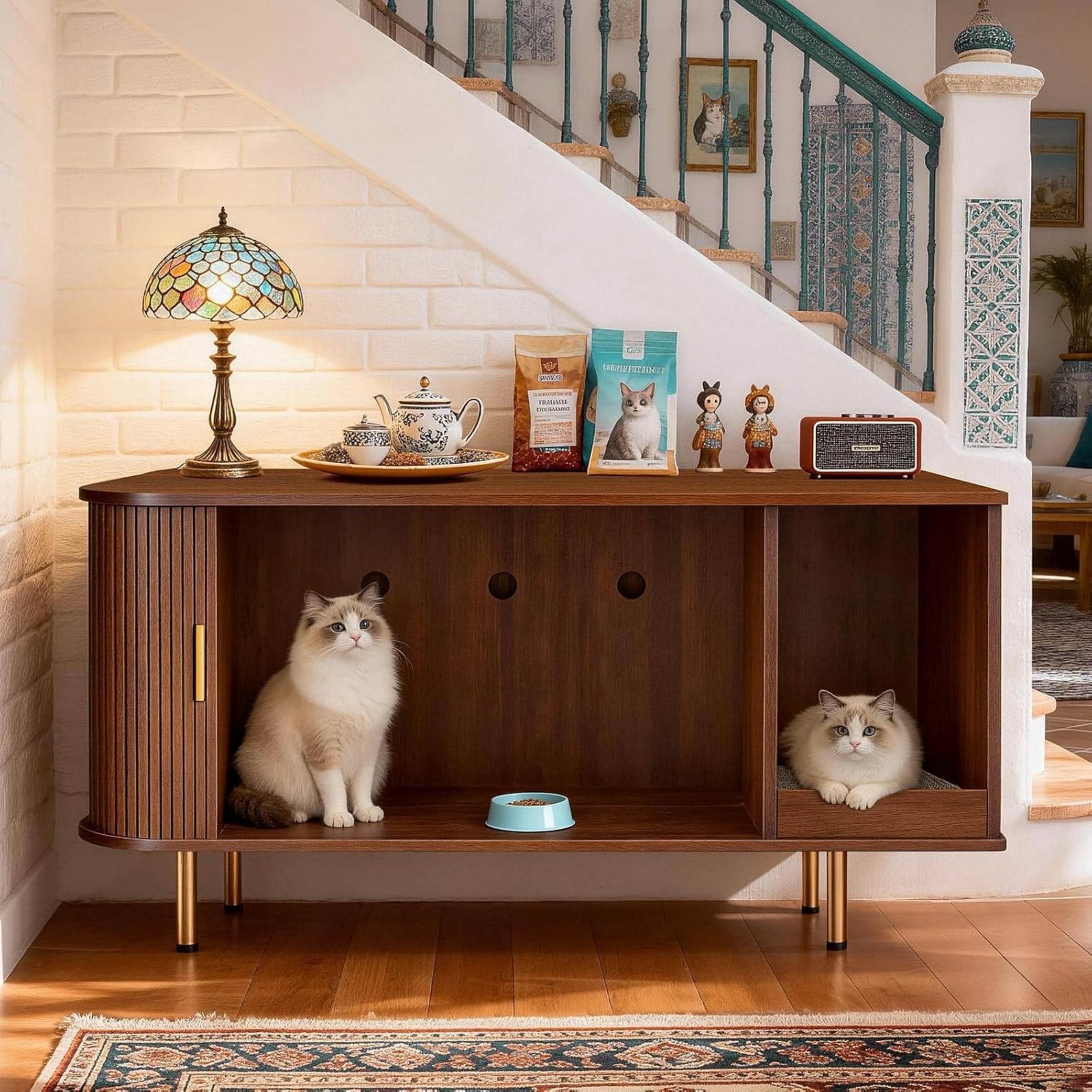 Cat Litter Box Enclosure Furniture with Sliding Door, Hidden Cat House Cabinet with Scratch Pad, Modern TV Stand Side Table, Walnut