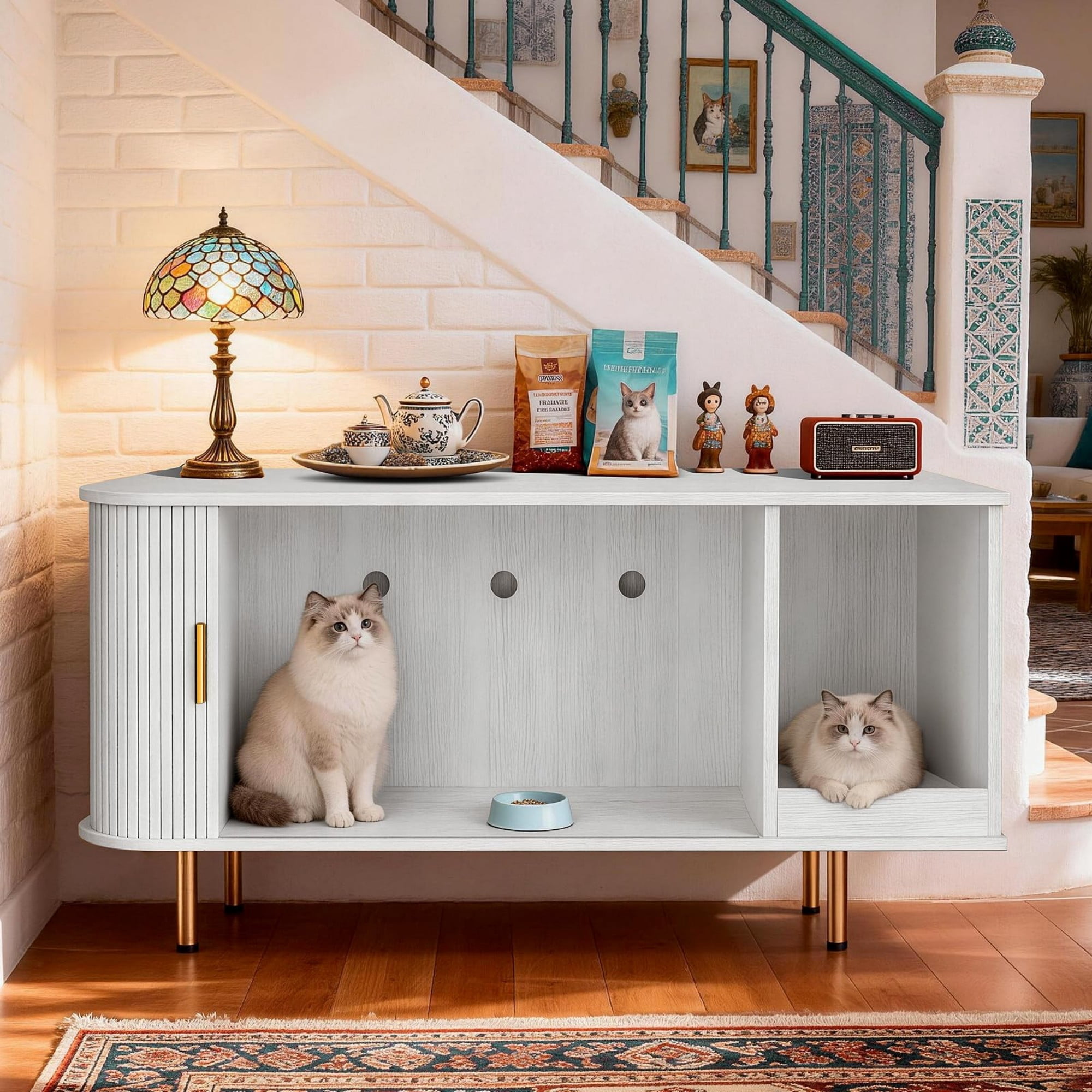 Cat Litter Box Enclosure Furniture with Sliding Door, Hidden Cat House Cabinet with Scratch Pad, Modern TV Stand Side Table, White