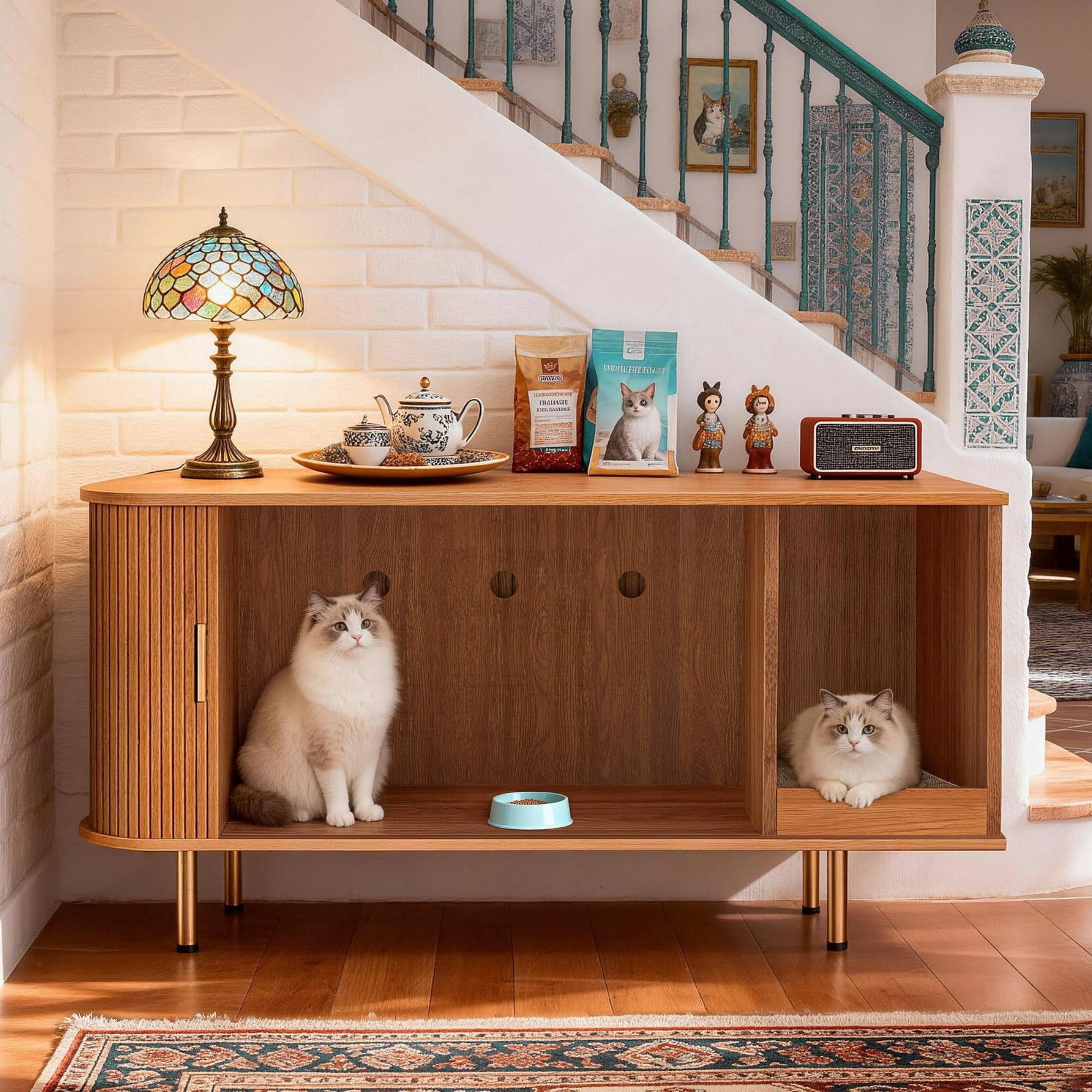 Cat Litter Box Enclosure Furniture with Sliding Door, Hidden Cat House Cabinet with Scratch Pad, Modern TV Stand Side Table, Yellow