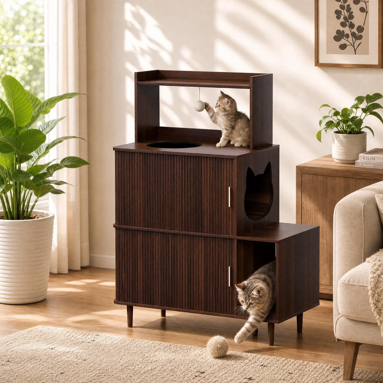 Cat Litter Box Enclosure Furniture with Sliding Door, Large 3-Tier Wood Cat House, Cat Scratch Pad & 2 Dangling Plush Balls, Brown