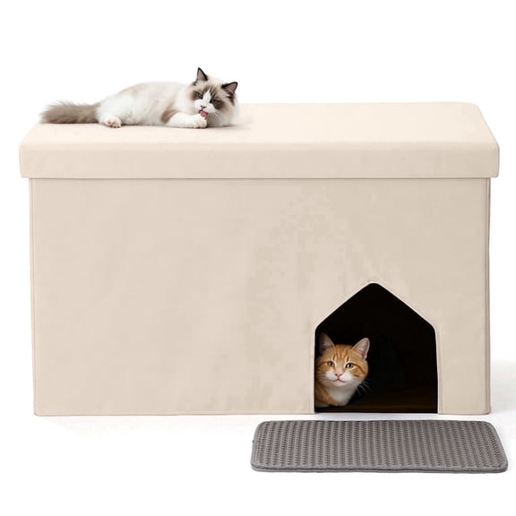 DOMIPET Cat Litter Box Enclosure Hidden Furniture, Multi-Functional Hidden Litter Box Furniture Bench, Dog Proof, Space-Saving Ottoman Cabinet, Foldable Storage Footrest