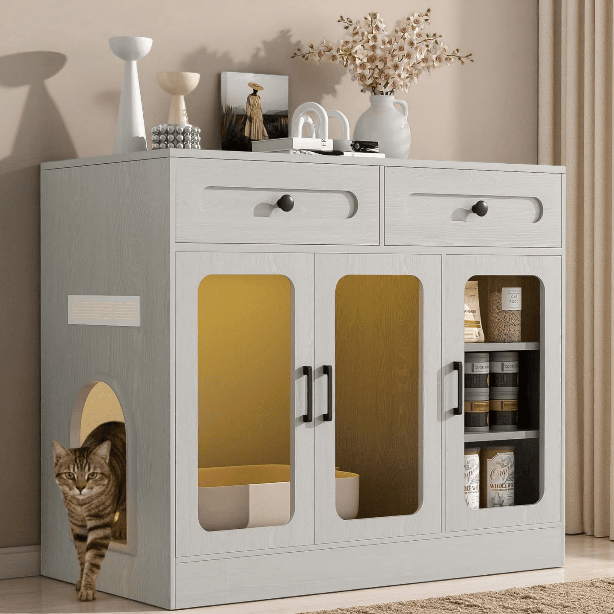 Cat Litter Box Enclosure with Glass Door and Side Access, Hidden Kitty Cabinet with Storage Drawers and Built-in Light, Indoor Cat House Side Table, Light Gray