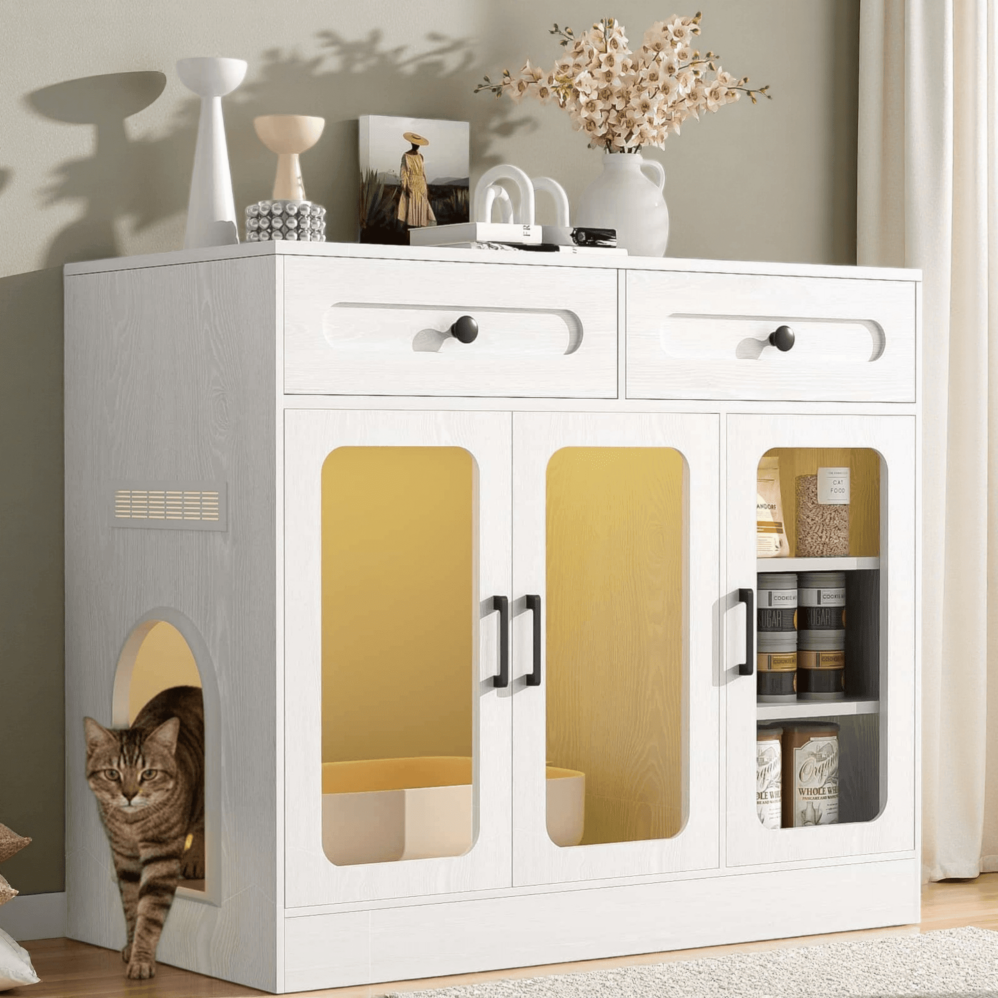 Cat Litter Box Enclosure with Glass Door and Side Access, Hidden Kitty Cabinet with Storage Drawers and Built-in Light, Indoor Cat House Side Table, White