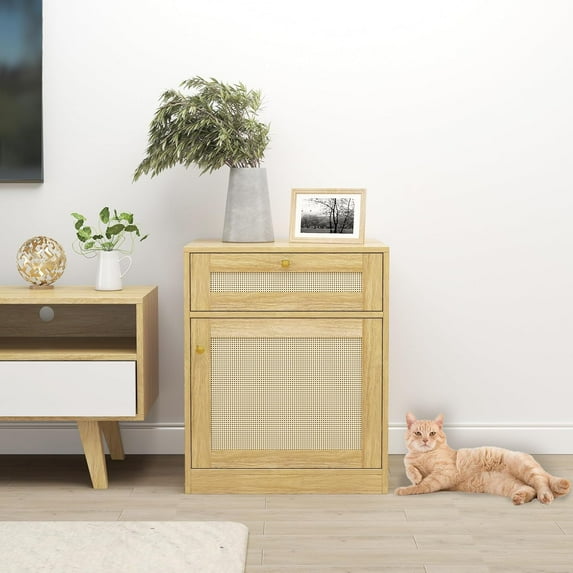Cat Litter Box Enclosure, Hidden Cat Litter Box Furniture Indoor Wood Cat House Rattan End Table with Drawer, Oak