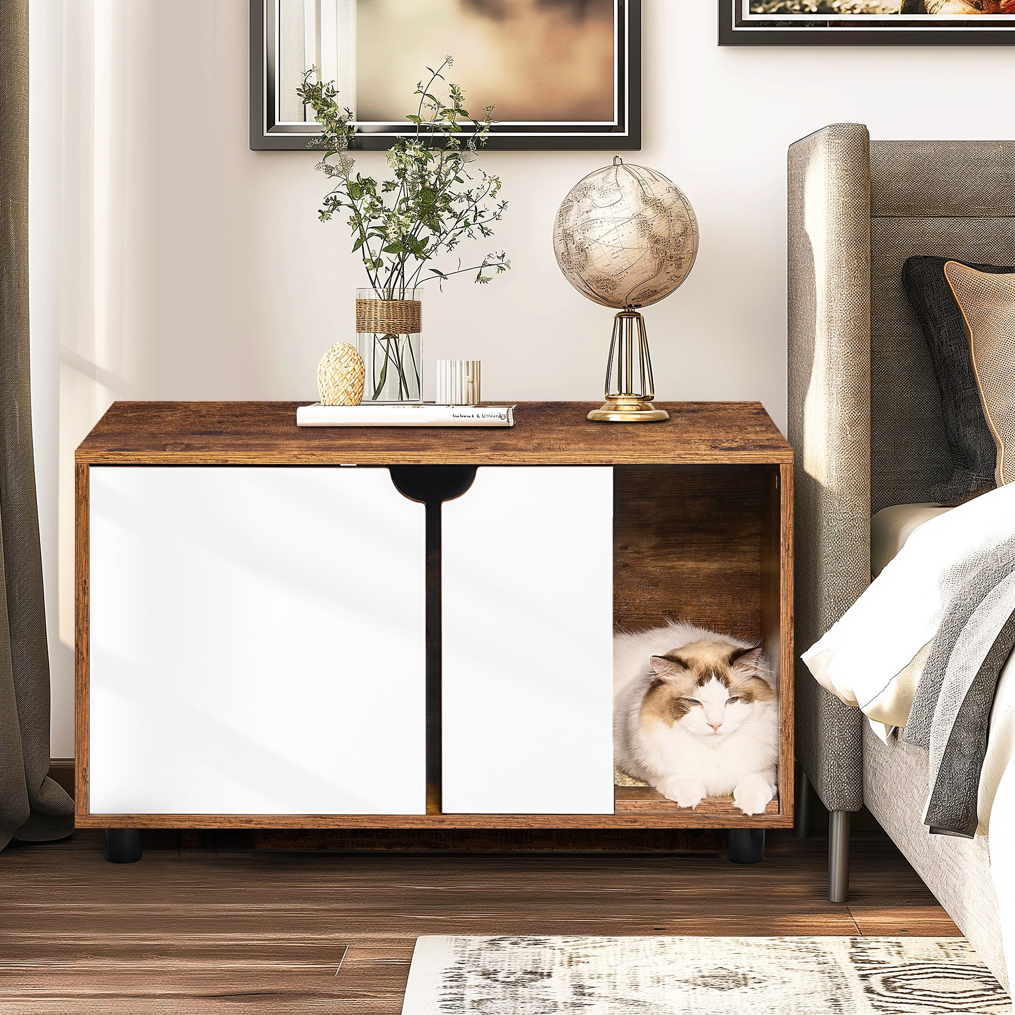 White and Vintage Wood Cat Litter Box Enclosure with Double Doors