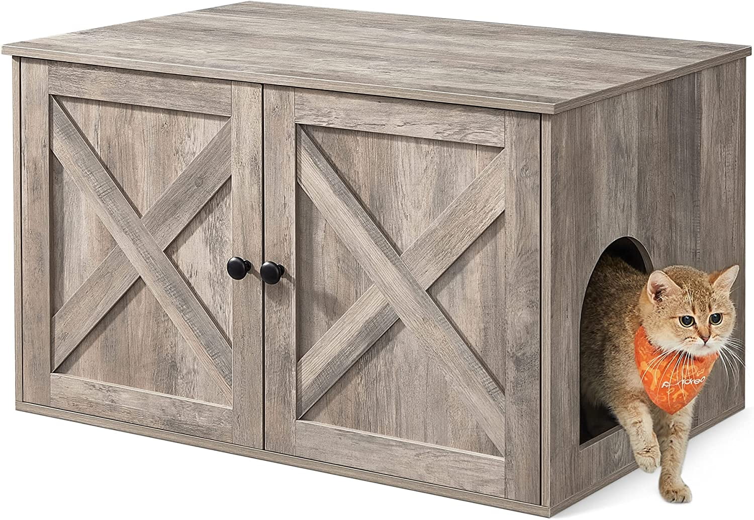 Greige Farmhouse Indoor Cat Litter Box Enclosure with Barn Doors