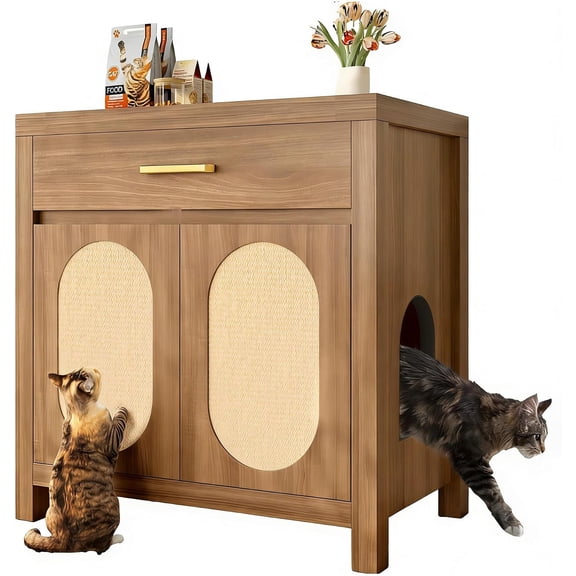 Cat Litter Box Enclosure, Hidden Litter Box Dog Proof with Sisal Scratching Board Doors and Drawer, Cat House & Washroom Furniture, Wooden Pet House Side End Table,Espresso