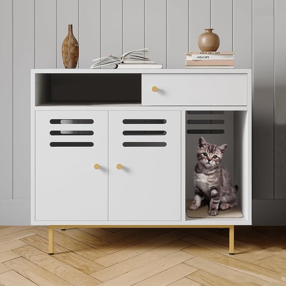 Cat Litter Box Enclosure, Hidden Litter Box Furniture with 2 Storage Compartments, Scratching Mat, Indoor Pet House Washroom, Dog Proof Kitty Litter Box Enclosure, Side End Table, White