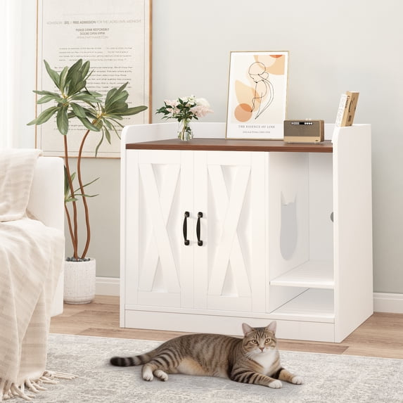 Cat Litter Box Enclosure,Hidden Litter Box Furniture with Divider,Indoor Cat House,Wooden Cat Washroom Storage Cabinet Bench, Side End Table Nightstand, 33.07"L × 23.62"W × 23.92"H White