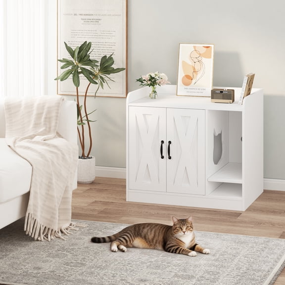 Cat Litter Box Enclosure,Hidden Litter Box Furniture with Divider,Indoor Cat House,Wooden Cat Washroom Storage Cabinet Bench, Side End Table Nightstand, 33.07"L × 23.62"W × 23.92"H White