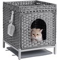 thumbnail image 1 of Cat Litter Box Enclosure Hidden Litter Box Furniture with Metal Heightened Feet, Rattan Handwoven Cat House with Litter Mat, Hidden Litter Box Furniture for Bedroom Living Room Gray, 1 of 16