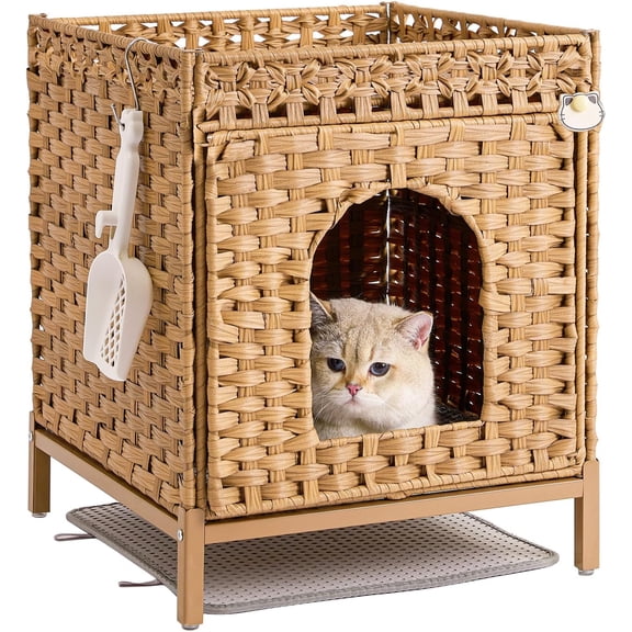 Litter Box Enclosure  Litter Box Furniture with  Heightened , Rattan Handwoven  House with Litter Mat,  Litter Box Furniture for   Room