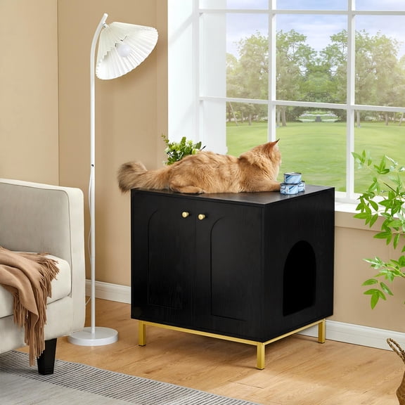 Hzuaneri Hidden Cat Litter Box Enclosure, 23.6" Wooden Indoor Cat House, Litter Box Furniture Cabinet for Self-Cleaning Litter Boxes, Black Gold