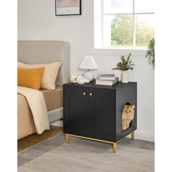 Hzuaneri Hidden Cat Litter Box Enclosure, 23.6" Wooden Indoor Cat House, Litter Box Furniture Cabinet for Self-Cleaning Litter Boxes, Black Gold