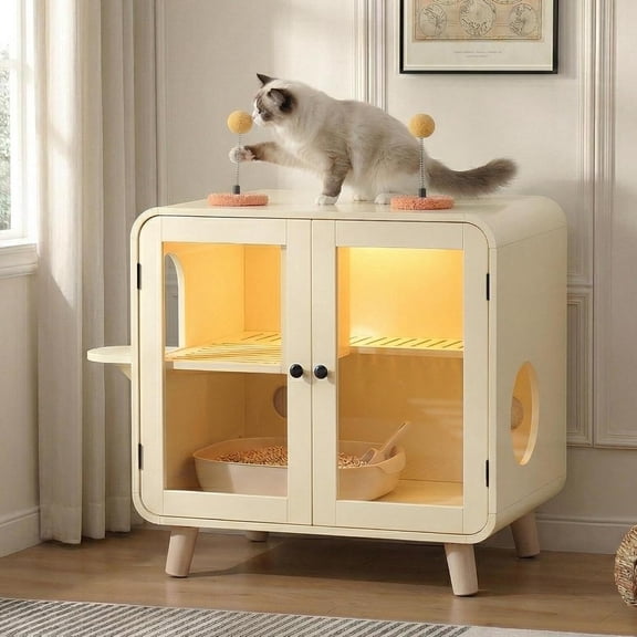 Cat Litter Box Enclosure, Hidden Litter Box Furniture with Smart RGB LED Light & Litter Leak Walkway – Retro TV-Style Cat Cabinet with Stairs, Pom-Pom Toys & Glass Doors for Living Room, Beige