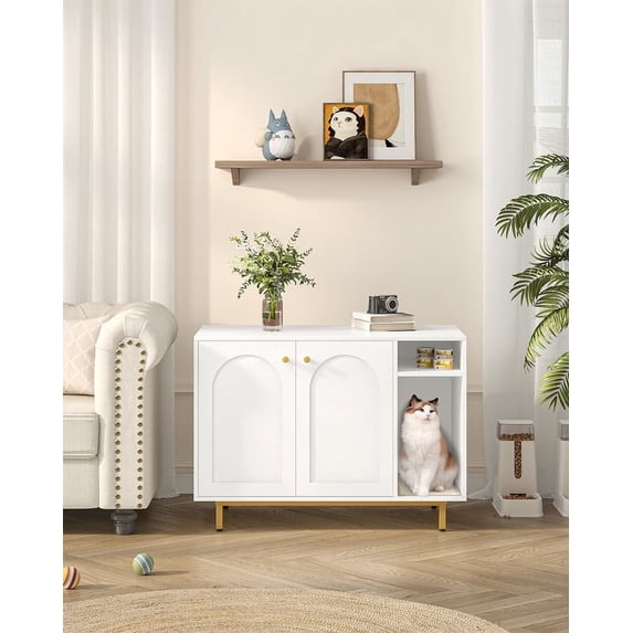 Cat Litter Box Enclosure, Hidden Litter Box Furniture, Storage Cabinet Bench for Living Room, White