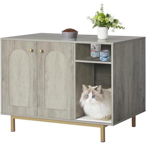 Cat Litter Box Enclosure, Hidden Litter Box Furniture, Wooden Pet House Side End Table, Storage Cabinet Bench, Fit Most Cat and Litter Box, Living Room, Bedroom, Greige