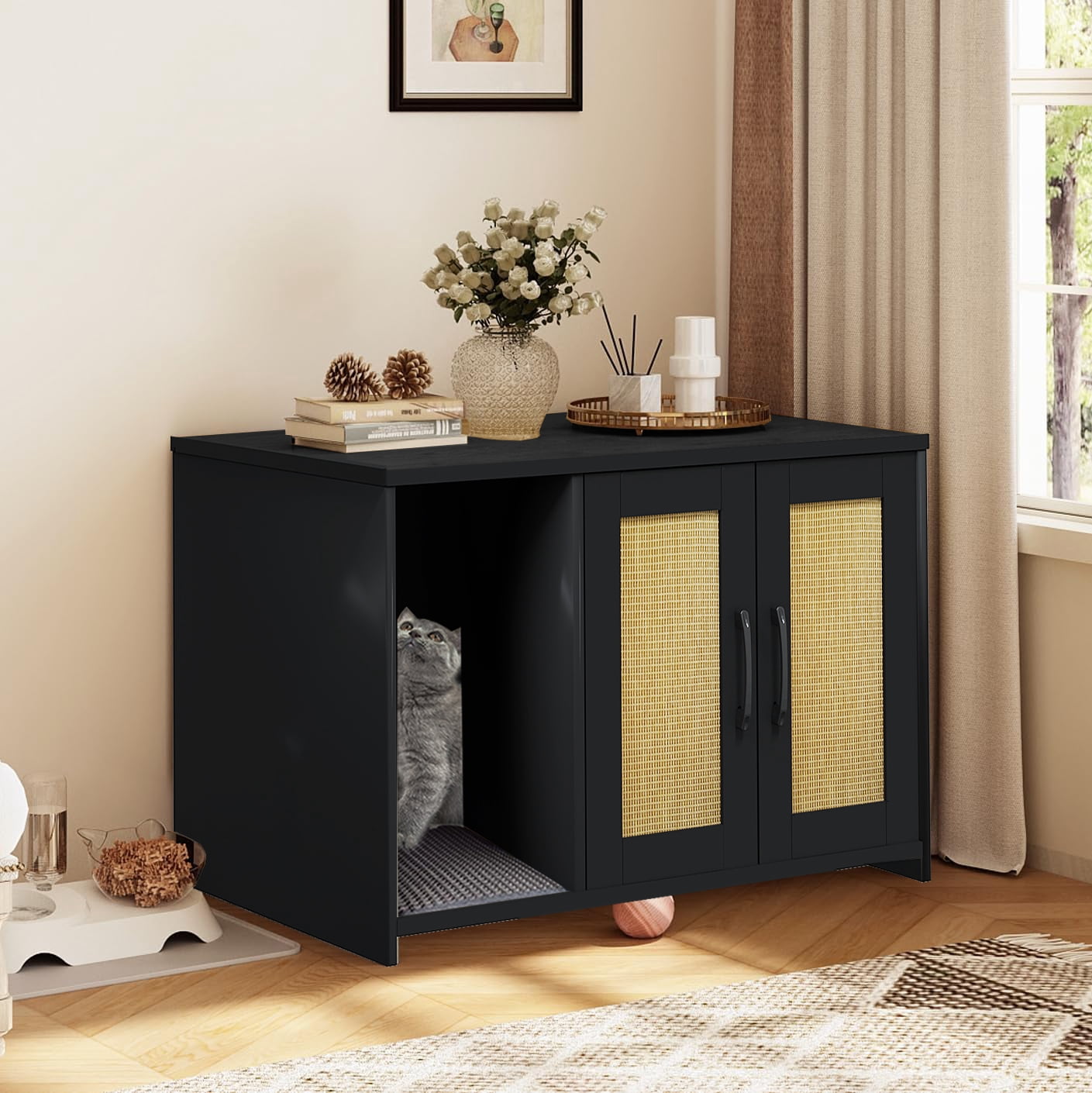 Cat Litter Box Enclosure, Hidden Litter Box Furniture with Divider, Indoor Cat House, Wooden pet house side table, for Living Room, Bedroom
