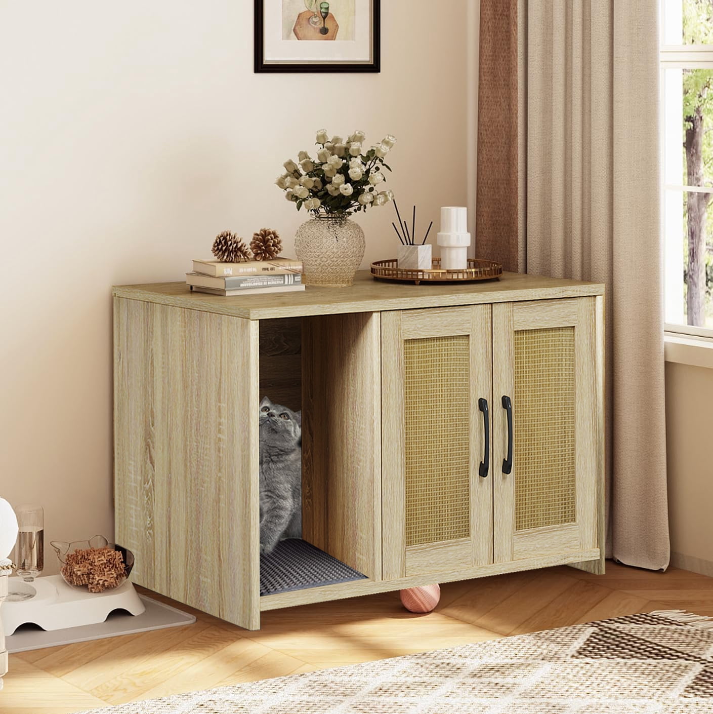 Cat Litter Box Enclosure, Hidden Litter Box Furniture with Divider, Indoor Cat House, Wooden pet house side table, for Living Room, Bedroom