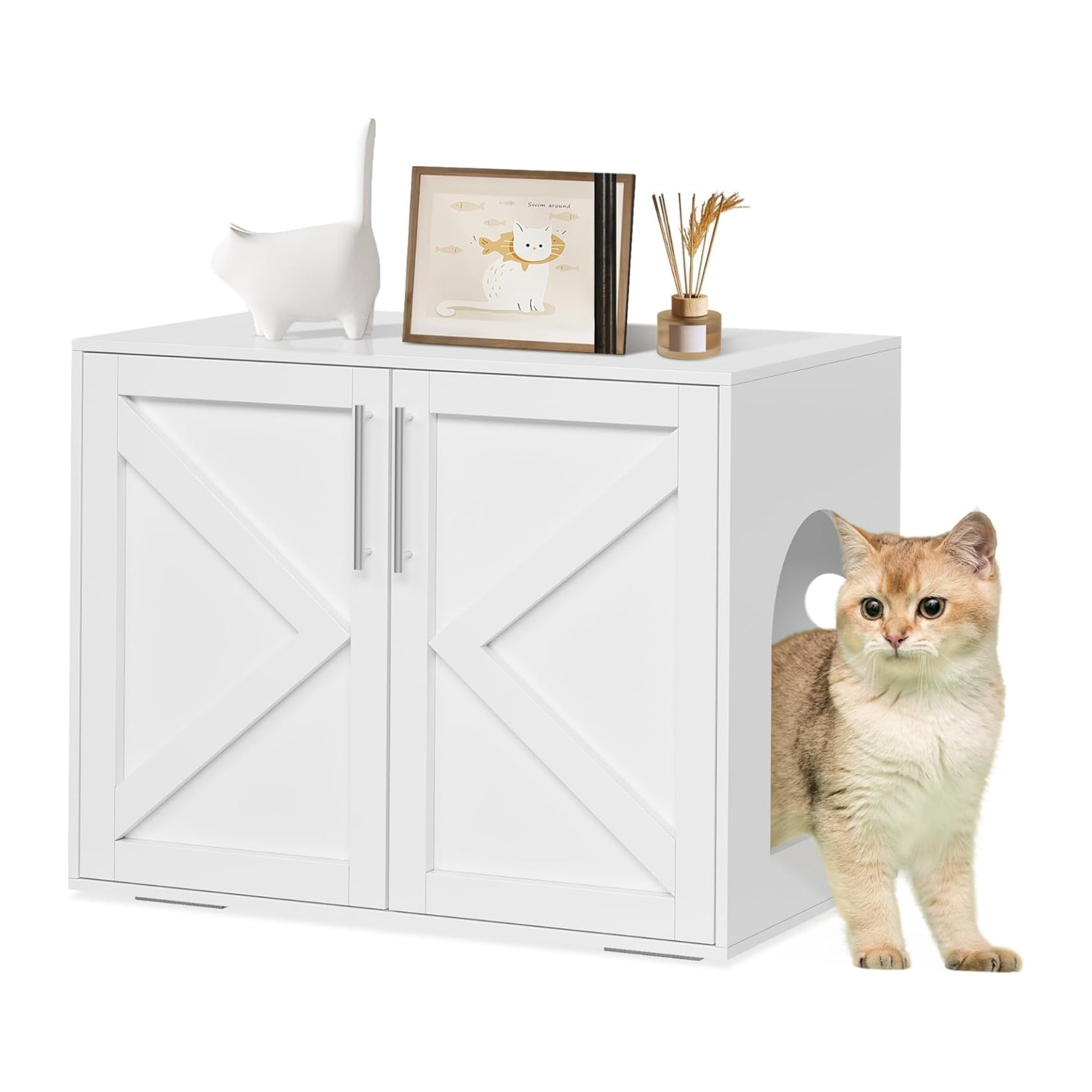 Cat Litter Box Enclosure,Hidden Litter Box Furniture with Double Room,Wooden Litter Box Enclosure Furniture,Indoor Cat House Cat Washroom Furniture